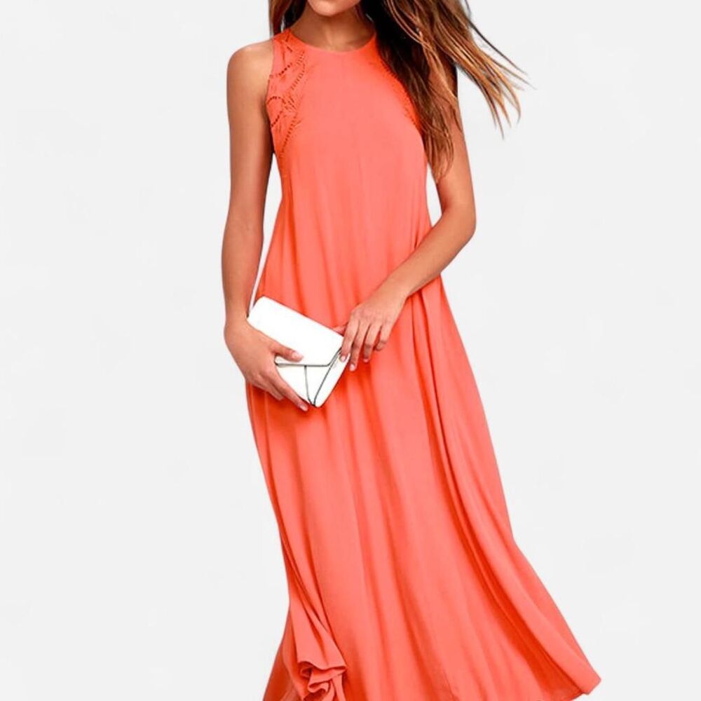 Astr-the-label Coral Maxi Dress with Lace up back and beautiful embroidery